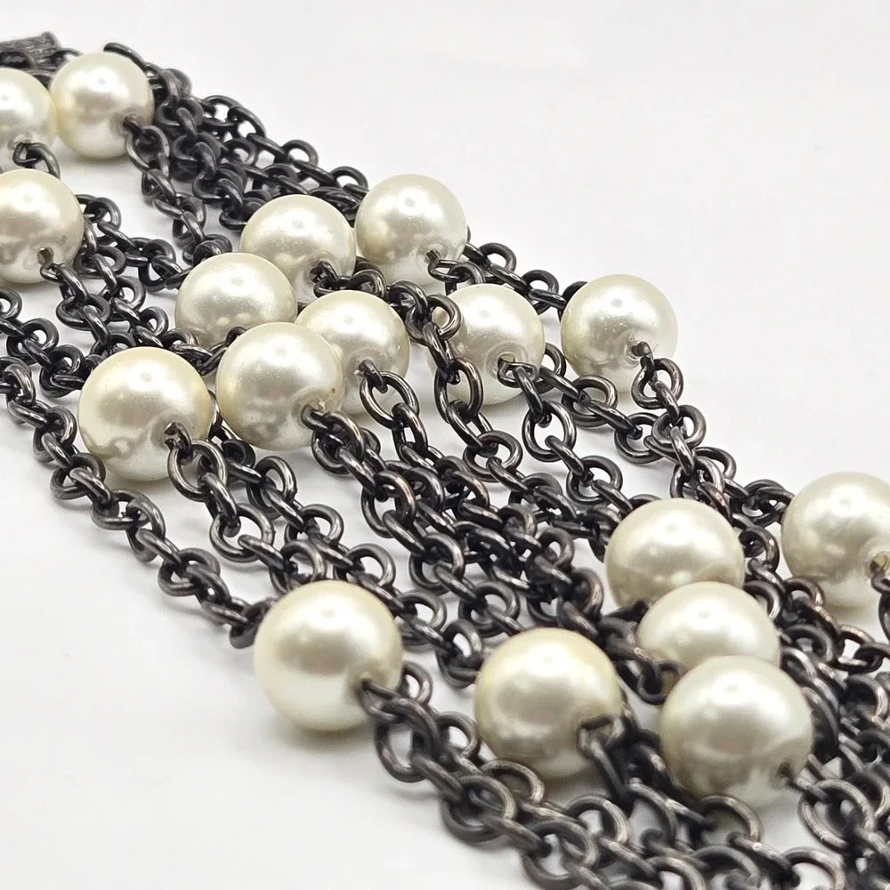 Multi Strand Dark Metal Chain Glass Faux Pearl Bracelet Fold Over Clasp‎ Closure